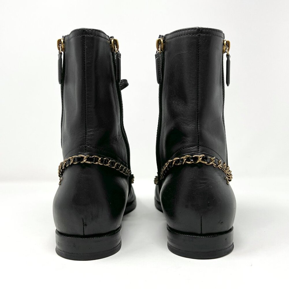 Chanel Lace‑Up Leather Boots Black/Gold Chain Patent Toecap Size 41 EU - Picture 4 of 10